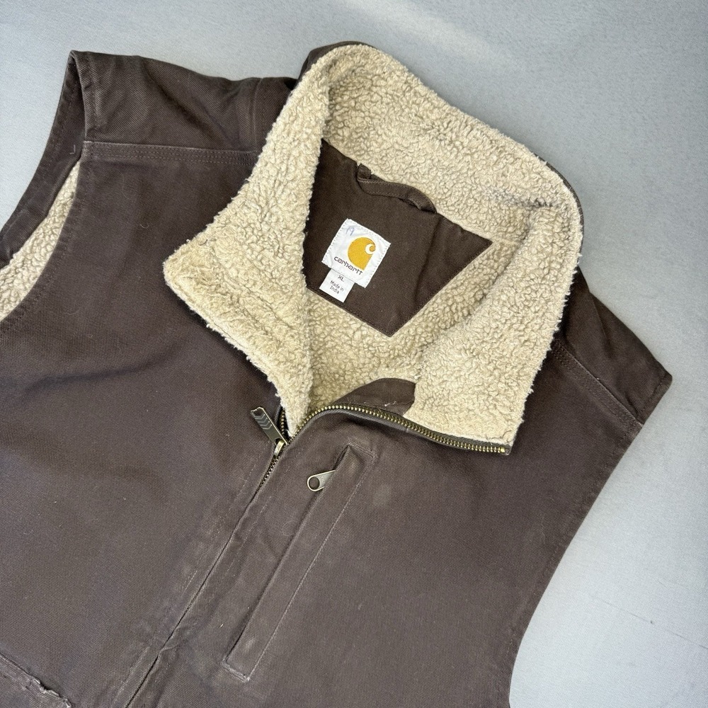 Carhartt 100317 BRN Mock Neck Sherpa Lined Vest Mens XL Brown Washed Duck Canvas